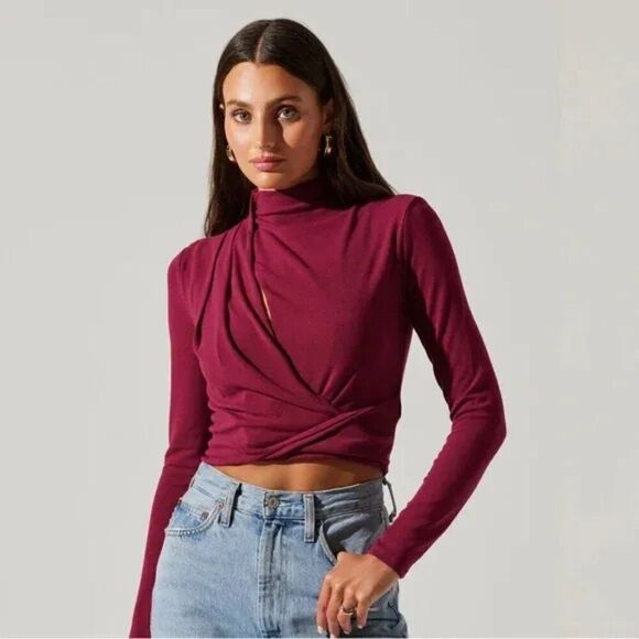 ASTR Asymmetrical Pleated Cutout Mock Neck Sweater Top, Berry, Sz. S - Picture 1 of 11